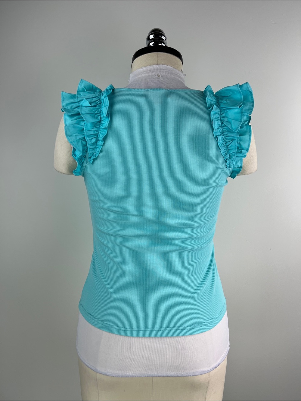 💚 3644. Ruffled Sleeve Ribbed Tank Top - Teal - Picture 3 of 7